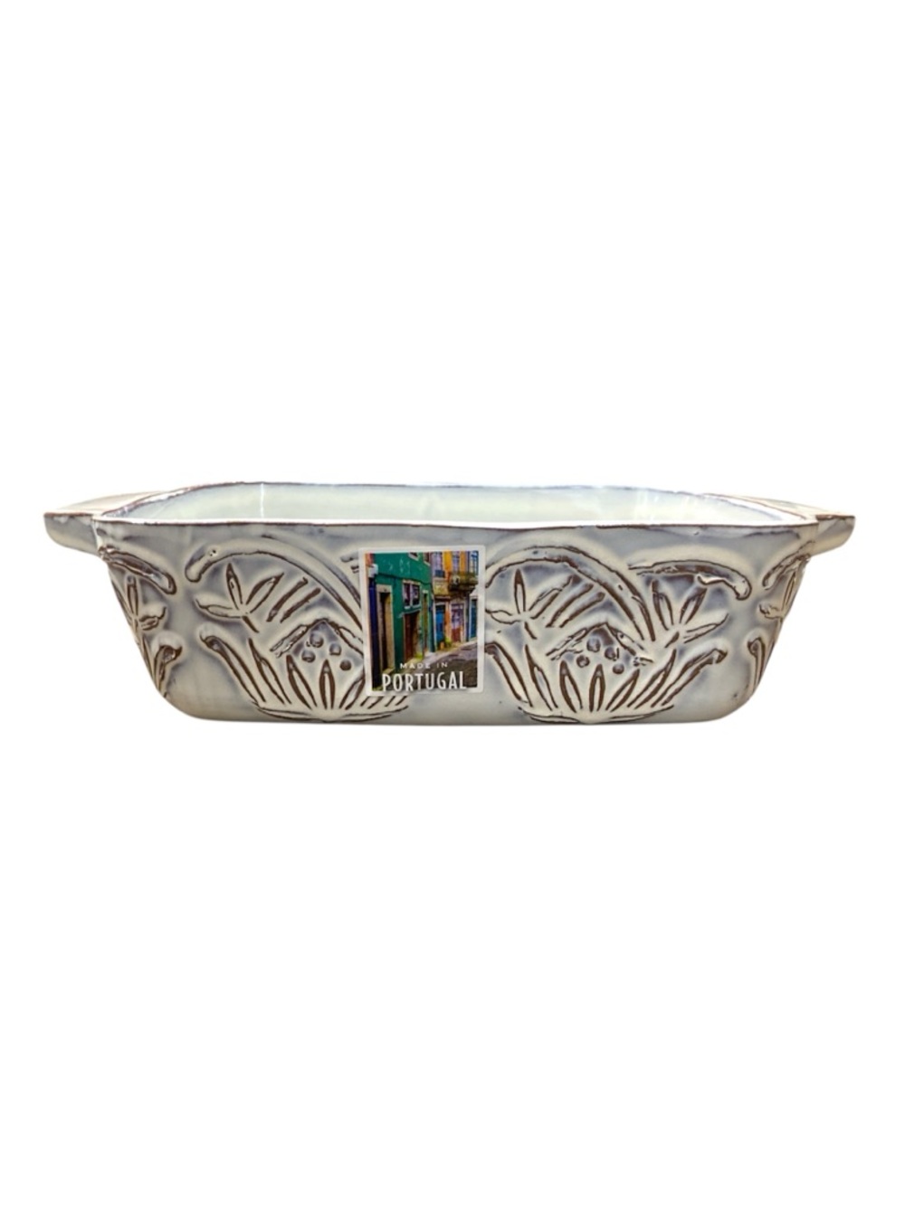 Handcrafted Whitewashed Floral Ceramic Loaf Pan Ceramic Baking Dish Handled 12”